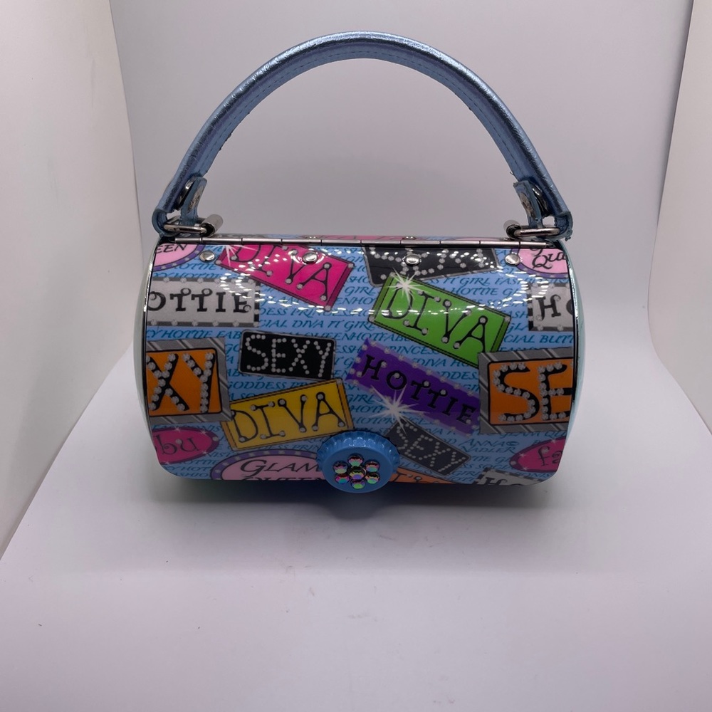 TWEEN GIRLS Cylinder BLUE DIVA JEWELED Clasp Glam Queen Tin Metal PURSE